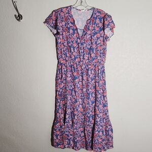 Gap Blue Red Floral V-Neck Short Sleeve Silky Summer Dress Women's Medium M EUC